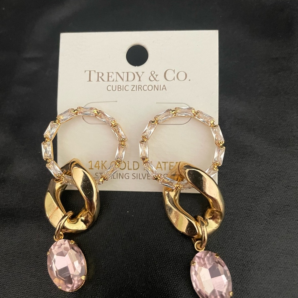 14K Gold-Plated Pink Cubic Zirconia Drop Earrings Made In Korea!!!
